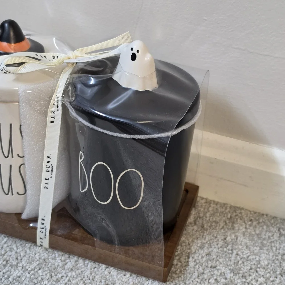 🎃 New Rae Dunn By Magenta Hocus Pocus and Boo Canister Set w/ Ghost & Witch Hat